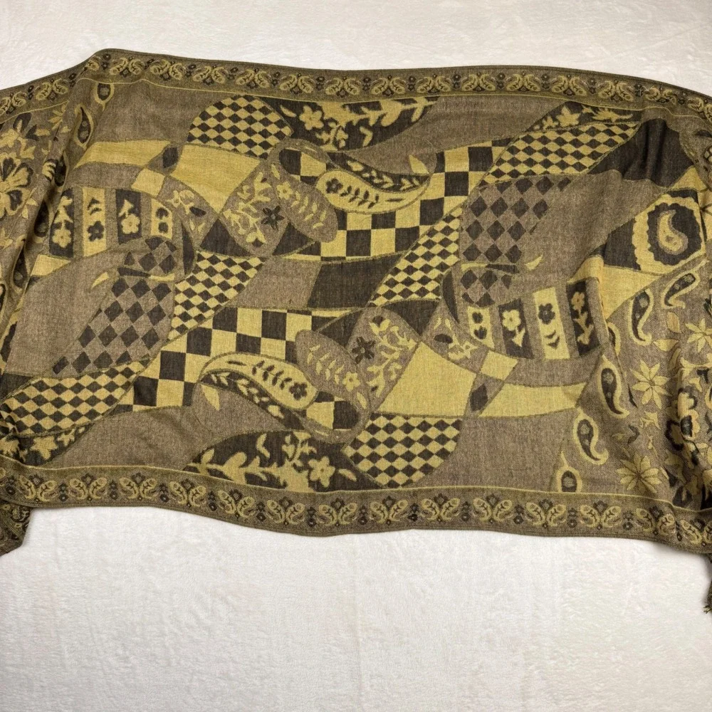 Luxury Pashmina Silk Blend Scarf Shawl‎ Wrap Gold Black Paisley Floral Tassel